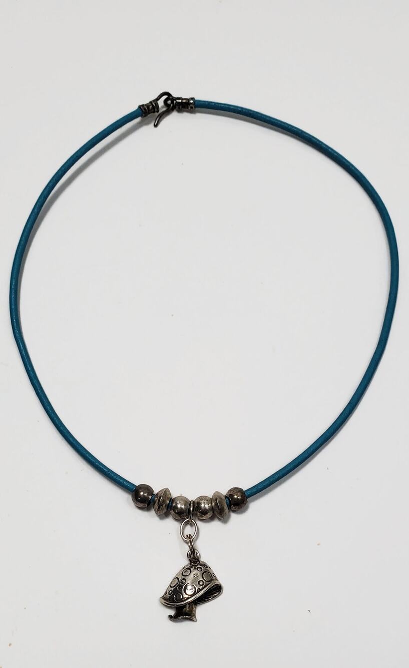 Sterling Silver Mushroom Blue Leather Cord Choker Necklace 13.75 in.